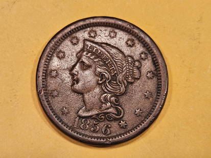 1856 Braided Hair Large Cent in About Uncirculated: Still sharp