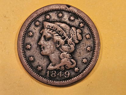 1849 Braided Hair Large Cent: In Very Fine