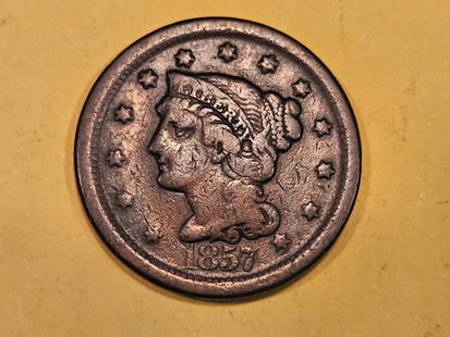 1857 Large date Braided Hair Large Cent in Fine plus to Very Fine: Last Year Issue