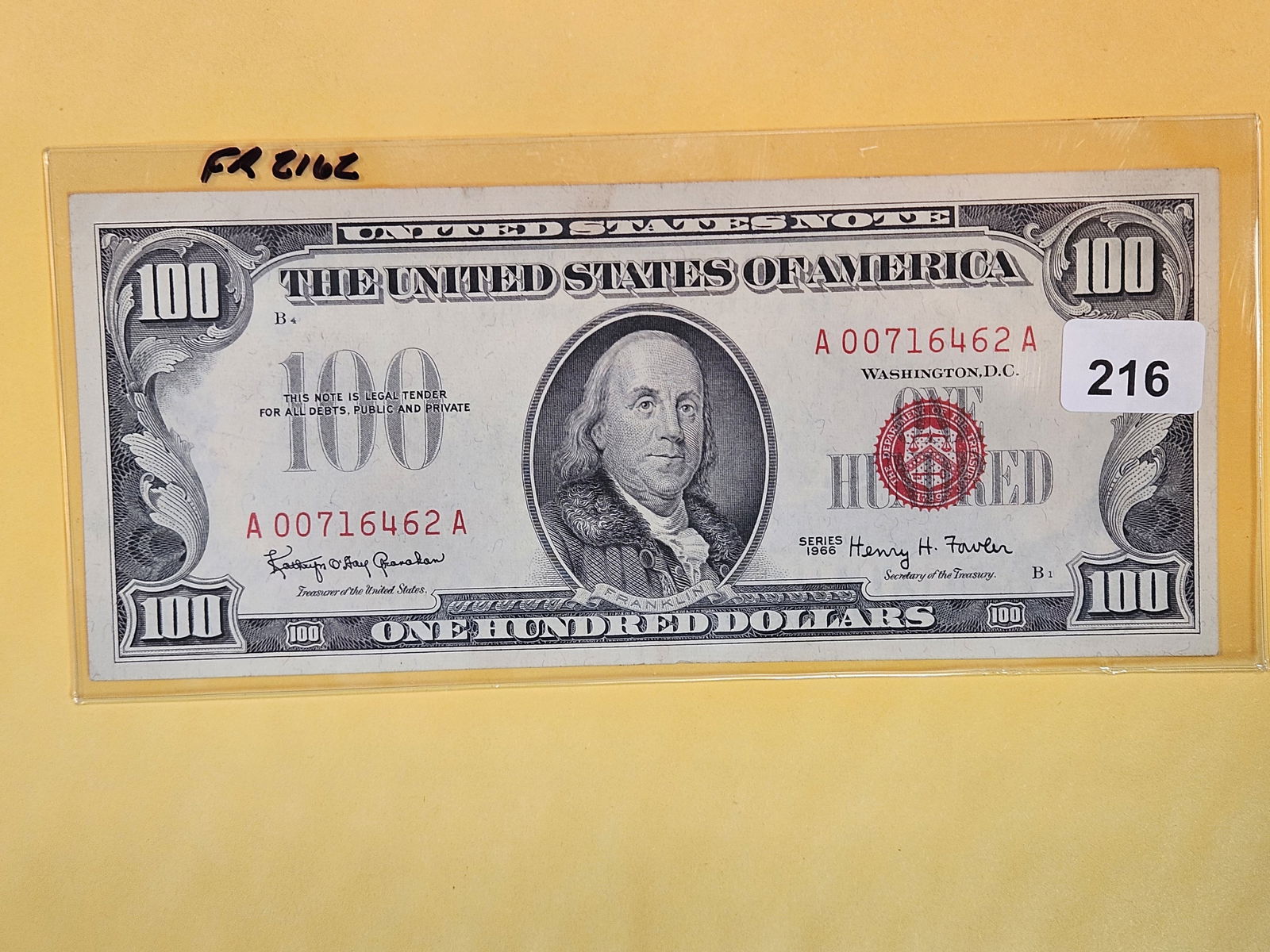 Crisp Uncirculated 1966 One Hundred Dollar US Note (1 of 2)