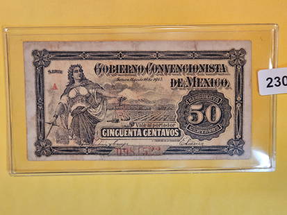 Gobierno Convencionista de Mexico 50 centavos: Looks Fine. Date appears to be June 1915