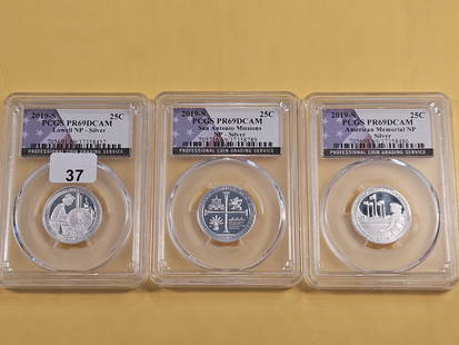 Three PCGS 2019-S America the Beautiful Silver Quarters in Proof 69 Deep Cameo: Lowell, San Antonio Missions and American Memorial Park