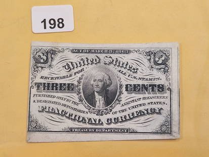 Series 1863 United States Three Cent Fractional Currency Note: "Receivable for all US stamps" on Obverse