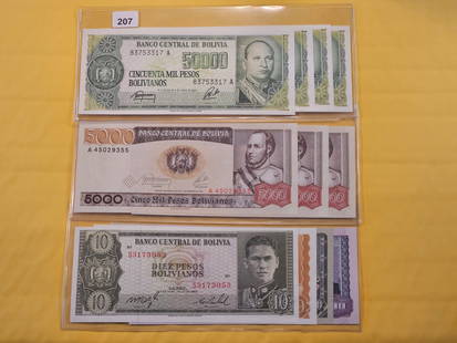 Eleven Bolivian Notes: Three consecutive 5000 Boliviano notes, four consecutive 50000 Boliviano notes and four mixed notes