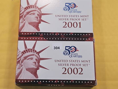 Two US Silver Proof Sets: 2001 and 2002. In OGP with COAs