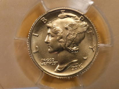 ** KEY GOLD ** PCGS 2016-W Gold Mercury Dime in Specimen 69: 2016-W 10C 100th Anniversary Gold Special Strike. The 2016-W Mercury Dime Centennial gold coin was released on April 21, 2016. It was struck in an Uncirculated finish to resemble the 1916 dime. Its di