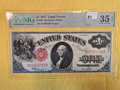 PMG 1917 One Dollar Legal Tender in Choice Very Fine 35 EPQ: Exceptional paper Quality. FR # 39. Speelman-White