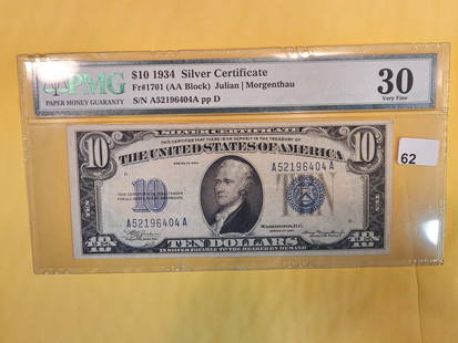 PMG 1934 Ten Dollar Silver Certificate in Very Fine - 30: FR # 1701. AA Block