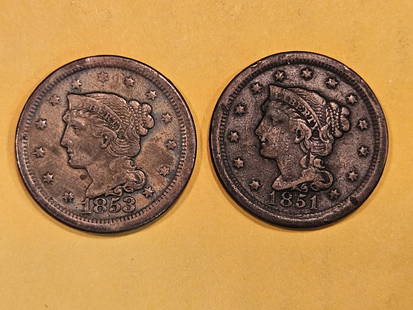 1851 and 1853 Braided Hair Large Cents: Both in Very Fine
