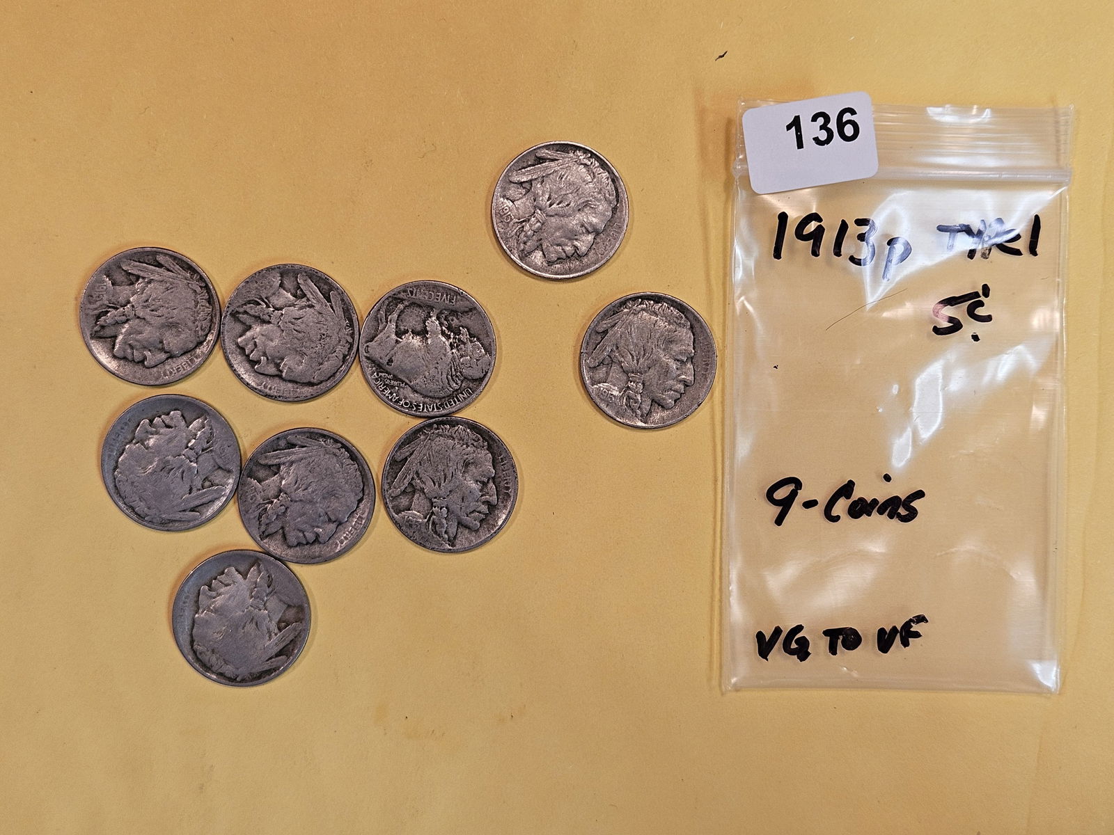 Nine First year issue Buffalo Nickels in VG to VF (1 of 2)
