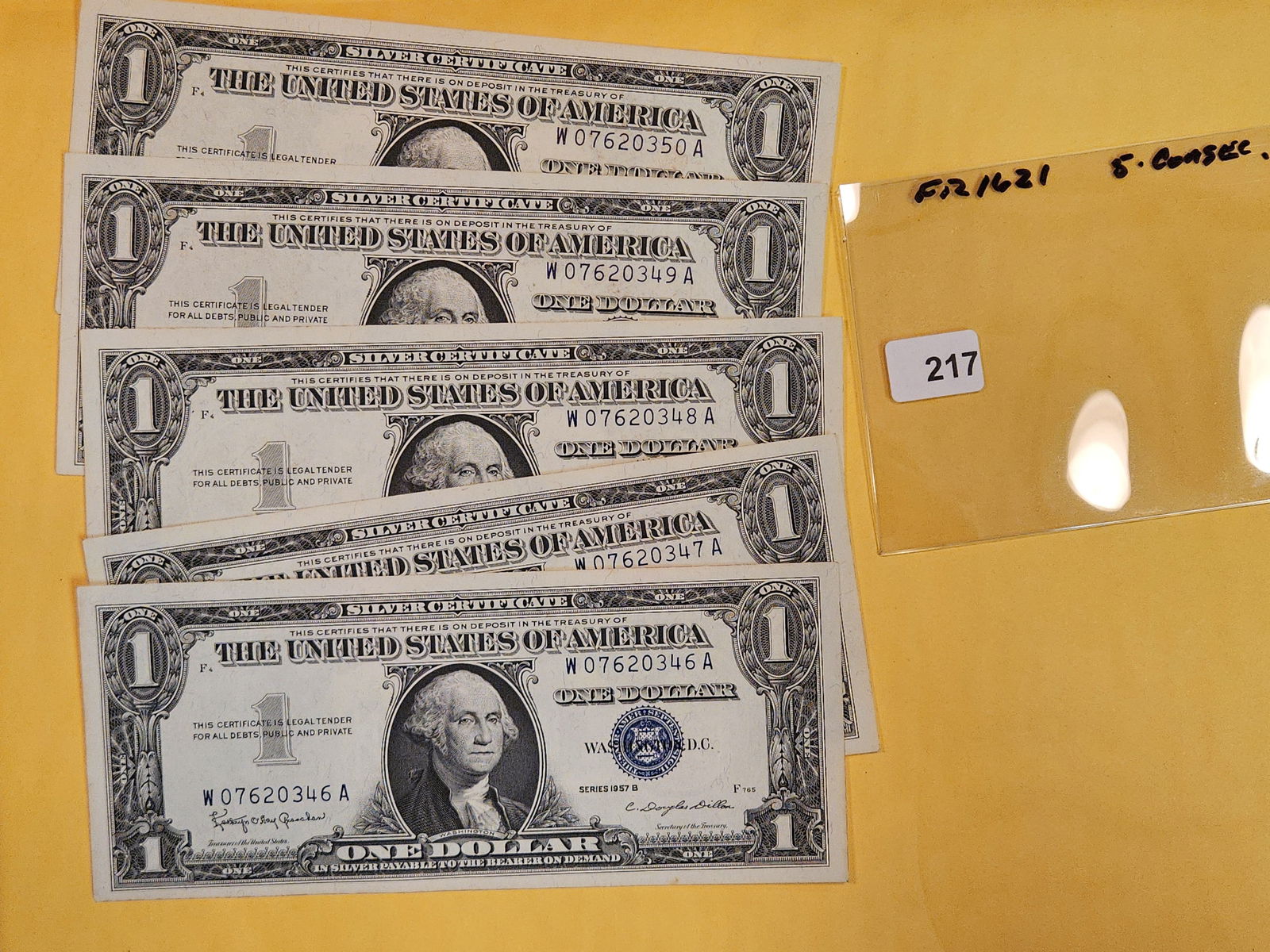 Five Crisp Uncirculated, Consecutive, One Dollar Silver Certificates (1 of 2)