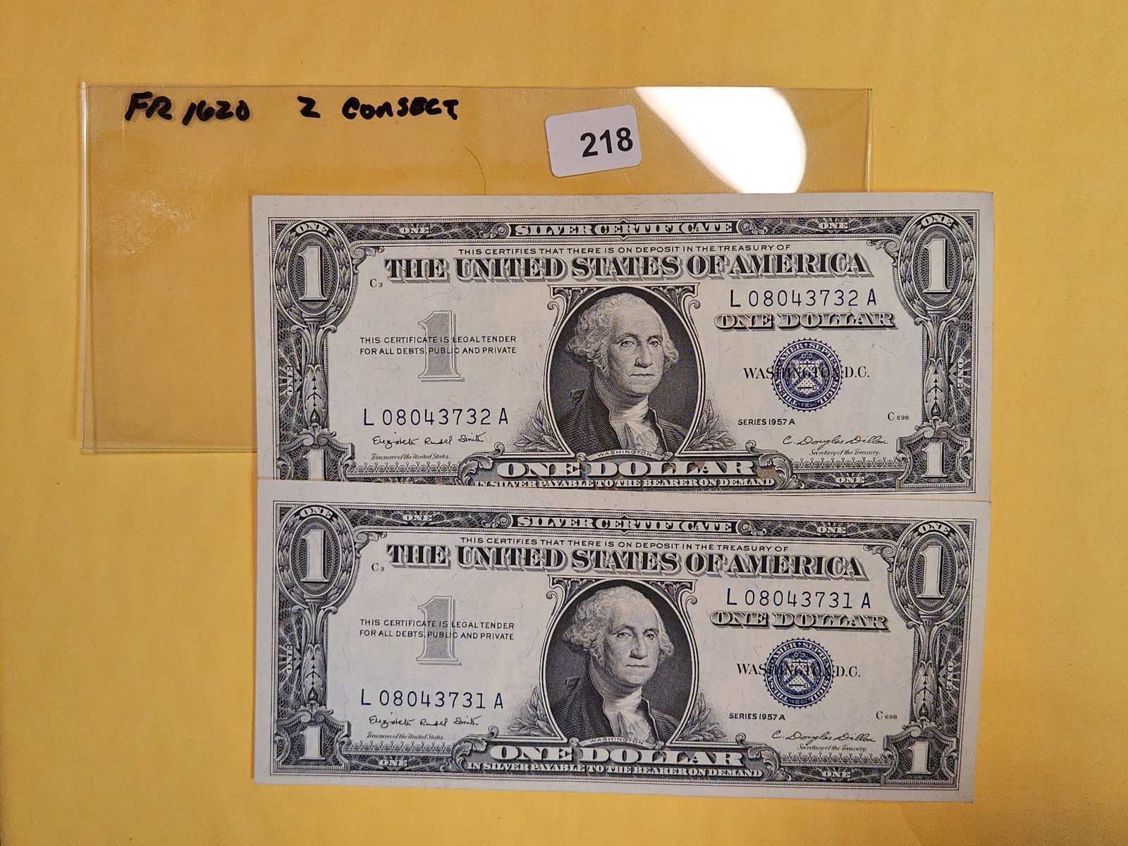 Two Crisp Uncirculated, Consecutive, One Dollar Silver Certificates (1 of 2)