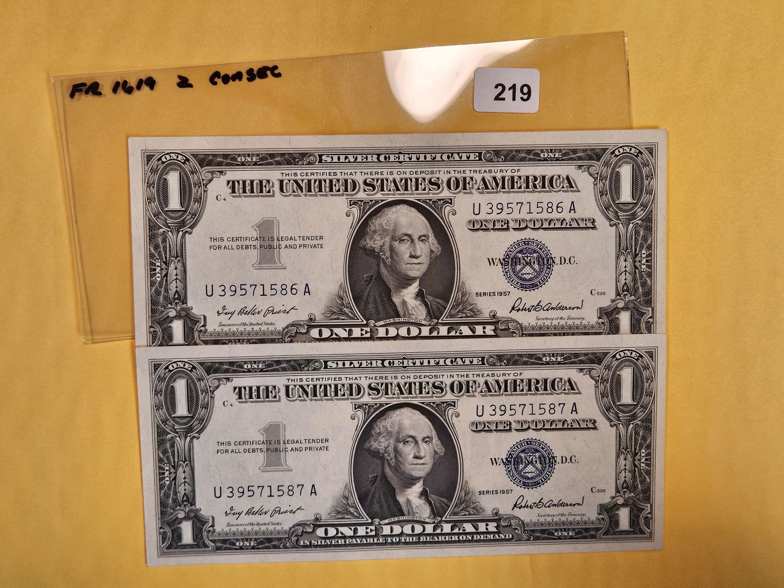 Two Crisp Uncirculated, Consecutive, One Dollar Silver Certificates (1 of 2)