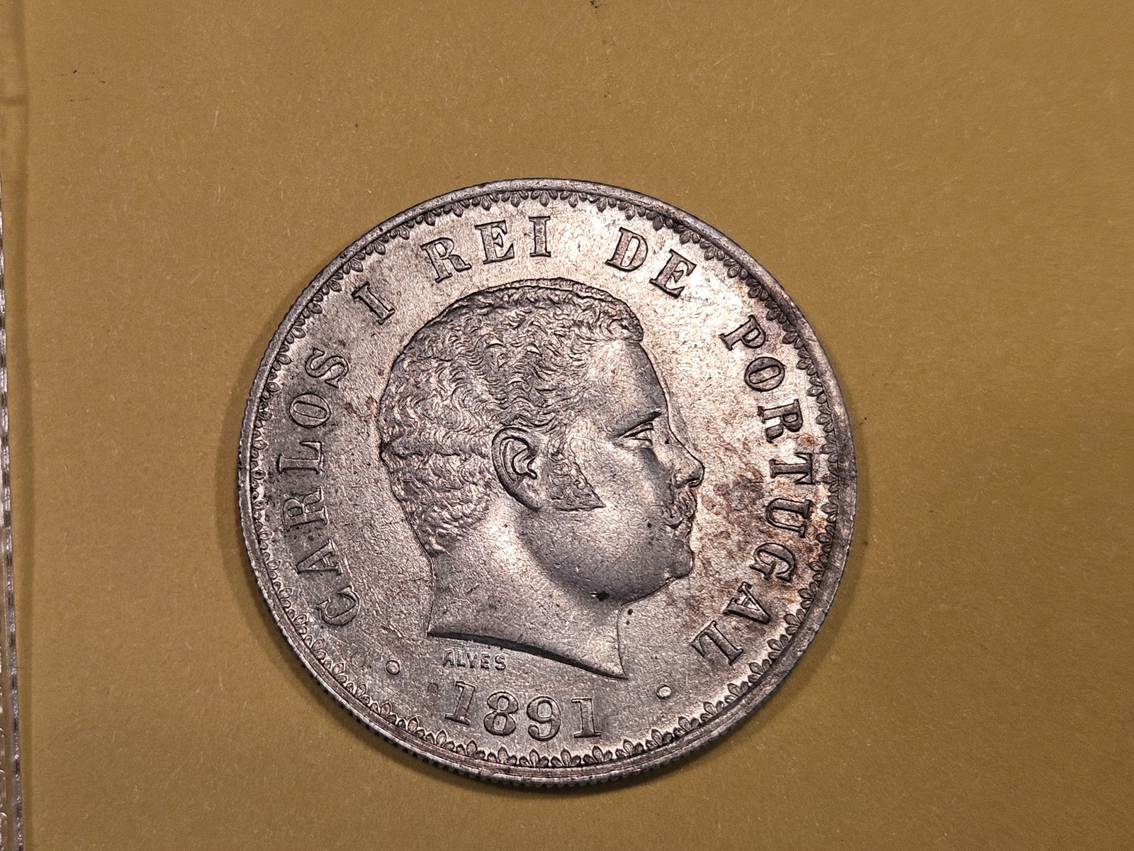 Bright About Uncirculated plus 1891 Portugal 500 reis: KM 535