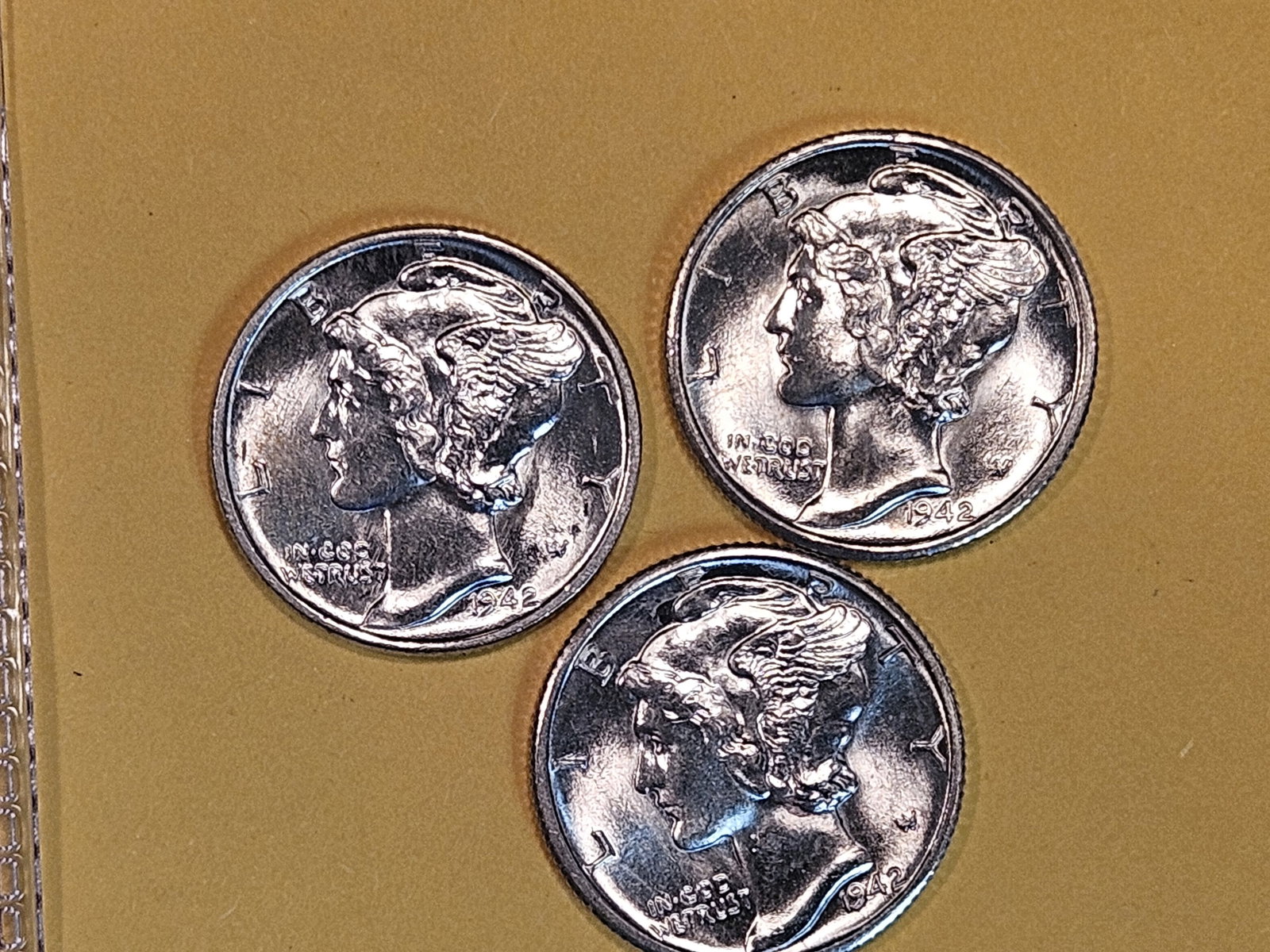 Three Very Choice Brilliant Uncirculated 1942 P-D-S Mercury Dimes (1 of 5)