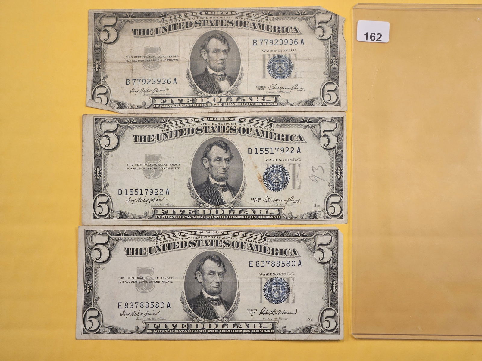 Three 1953 $5 Dollar Silver Certificates (1 of 2)
