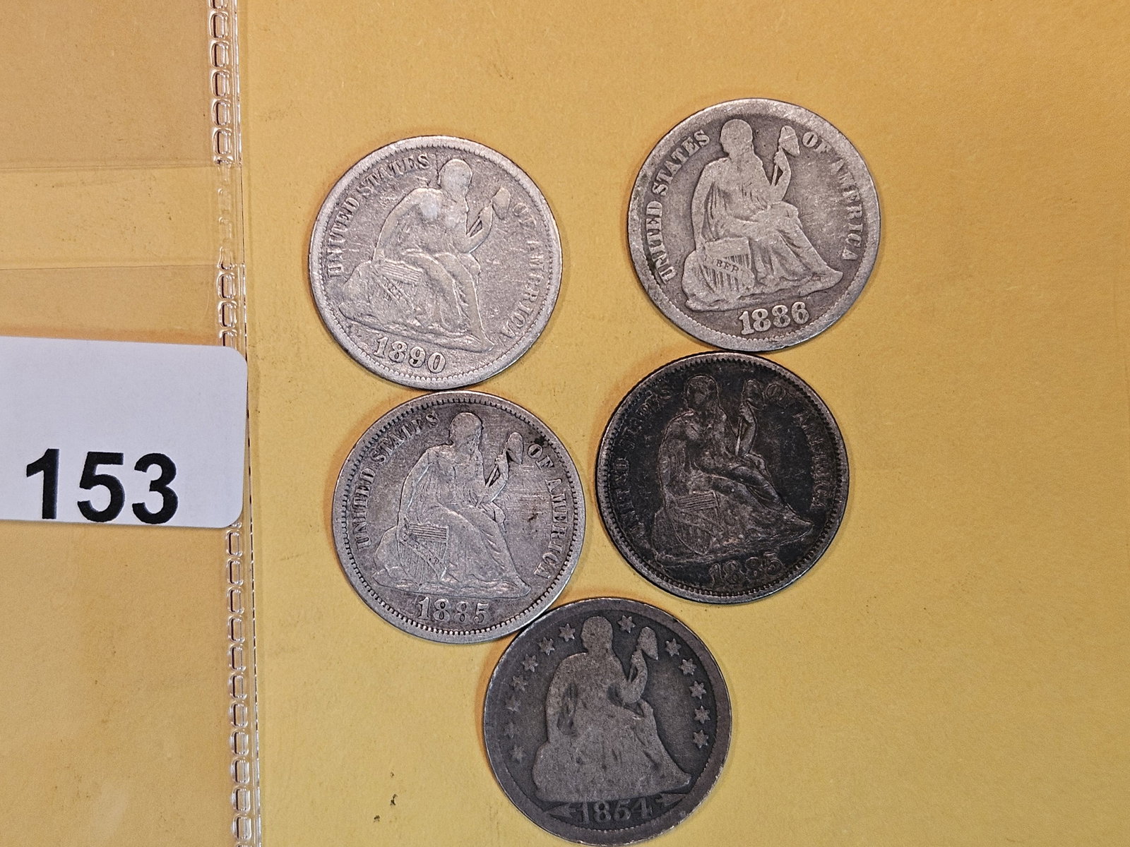 Five mixed Seated Liberty silver Dimes (1 of 4)