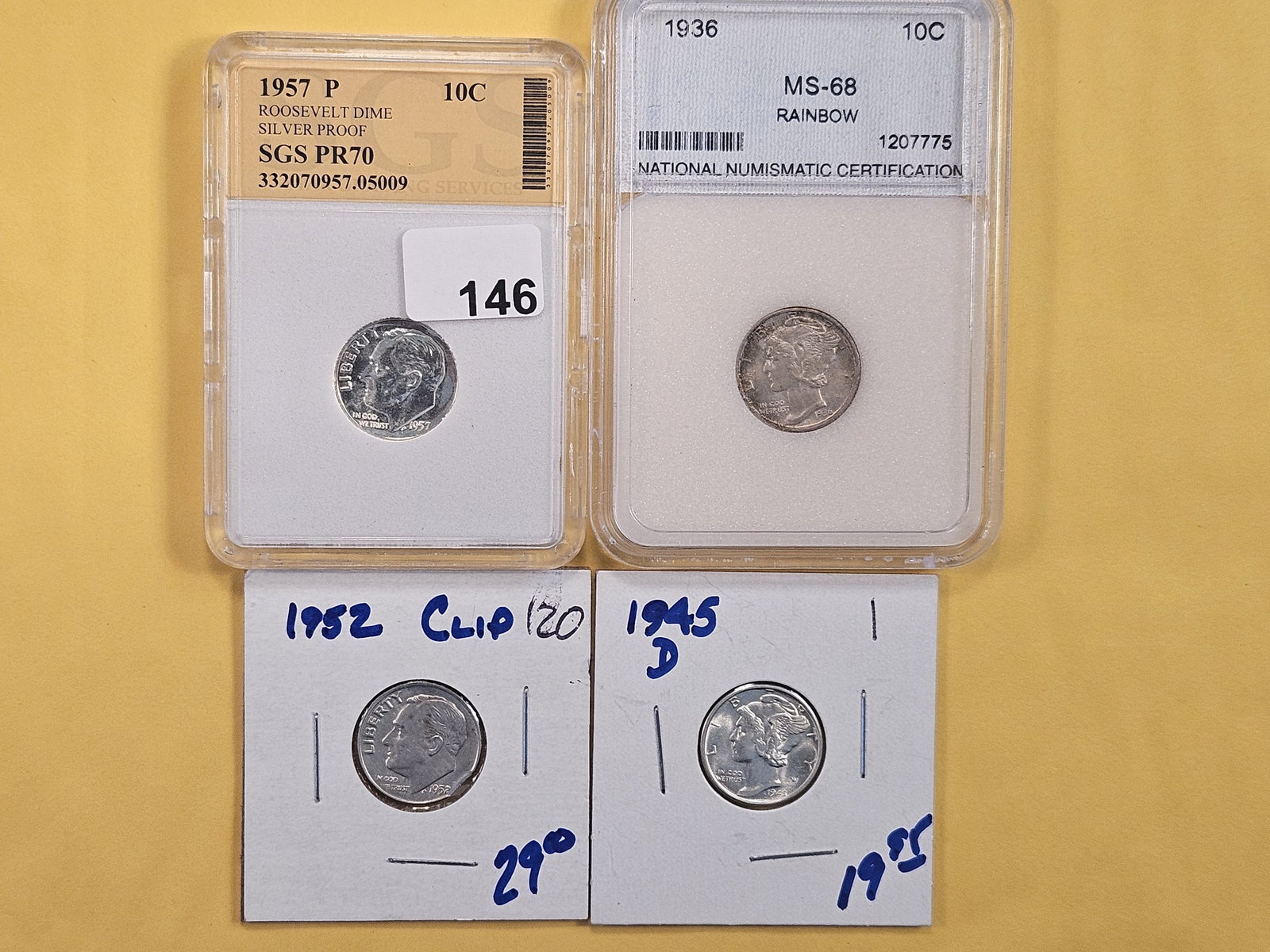 Two Mercury Silver Dimes and Two Roosevelt Silver Dimes (1 of 10)