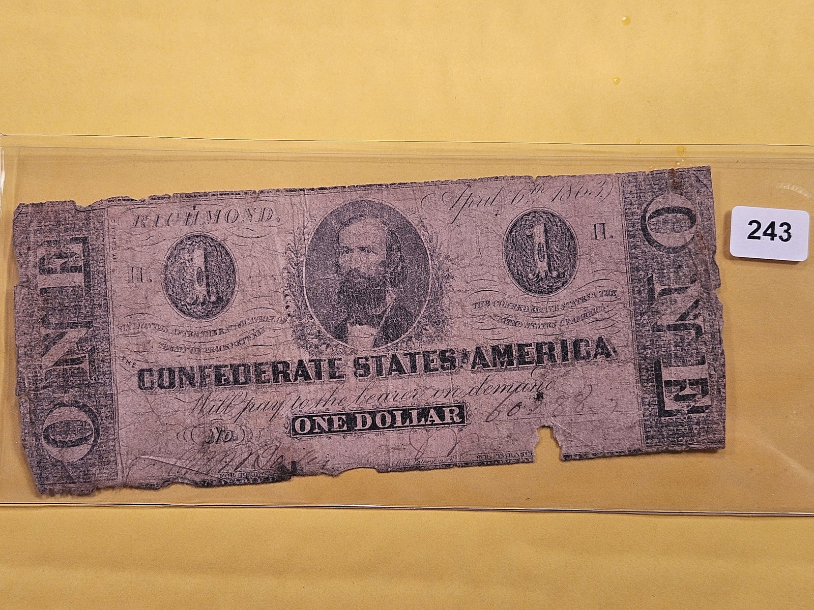 Series 1863 One Dollar Confederate Note (1 of 2)