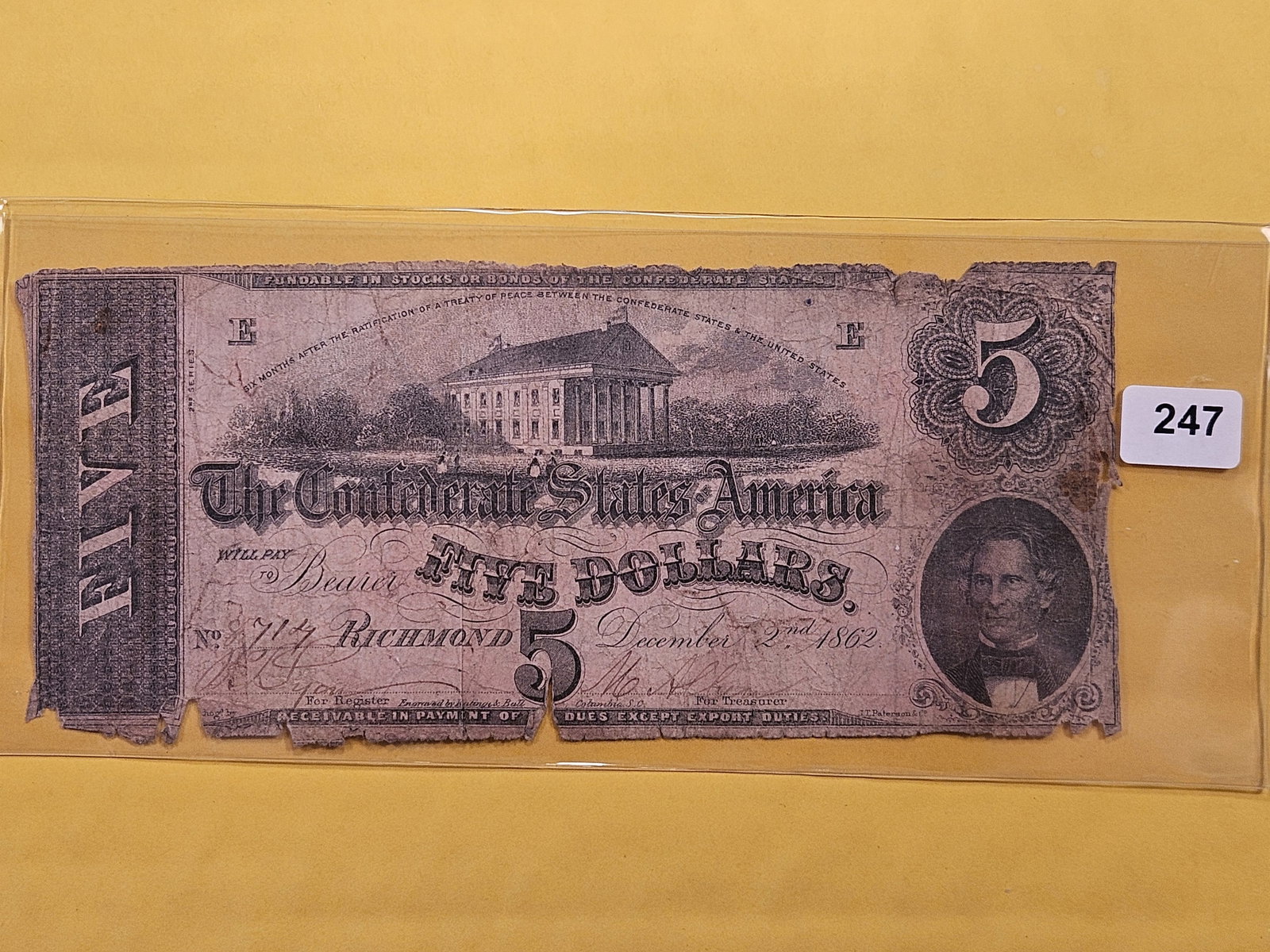 Series 1862 Five Dollar Confederate Note (1 of 2)