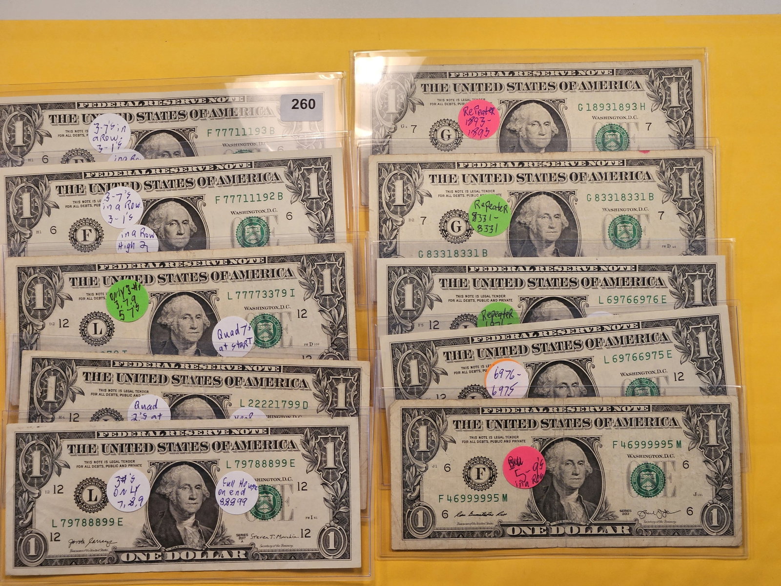 Ten Fun Serial Number One Dollar Federal Reserve Notes (1 of 5)