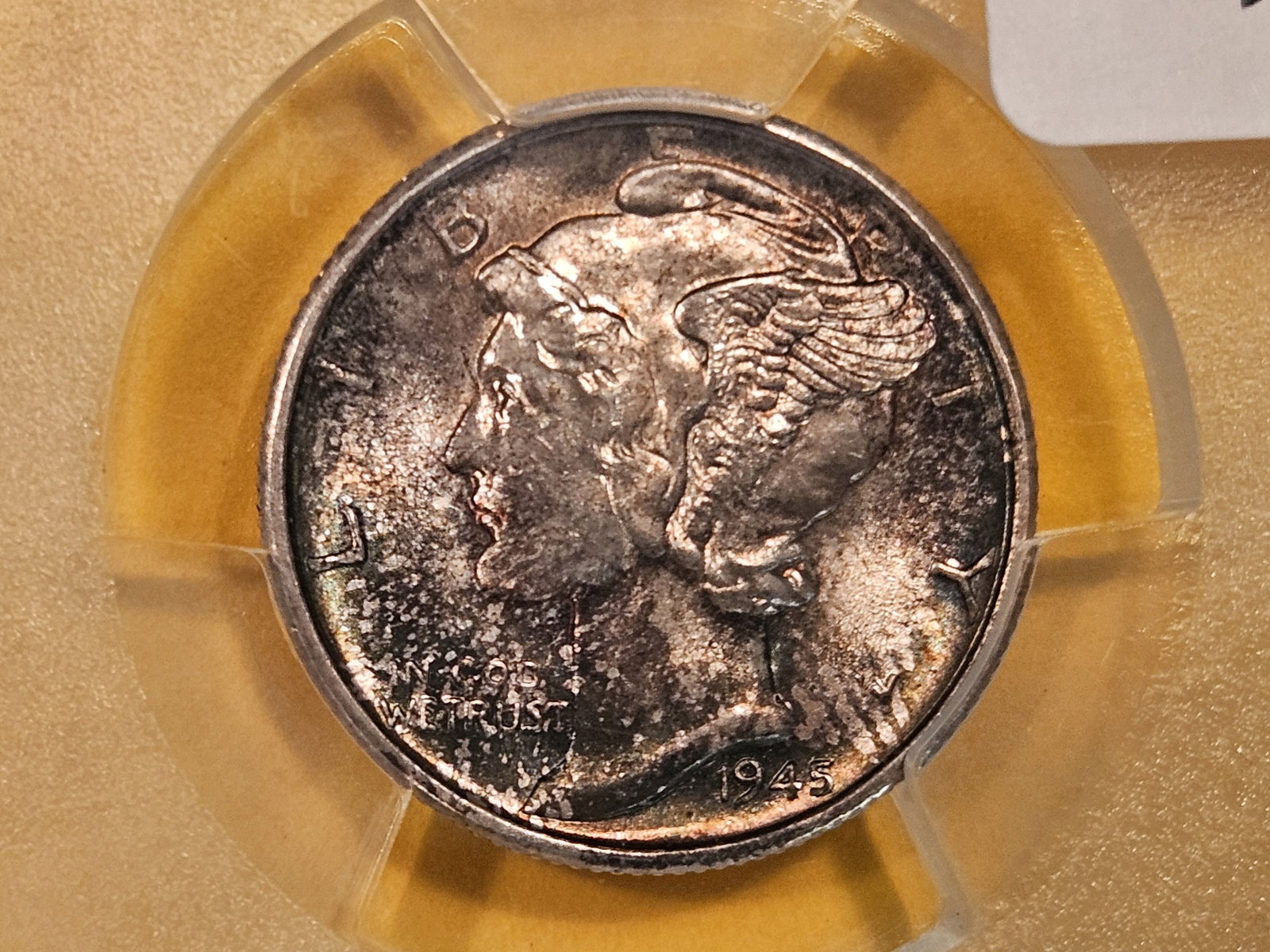 GEM! PCGS 1945-S Mercury Dime in Mint State 65: Heavy Steely patina