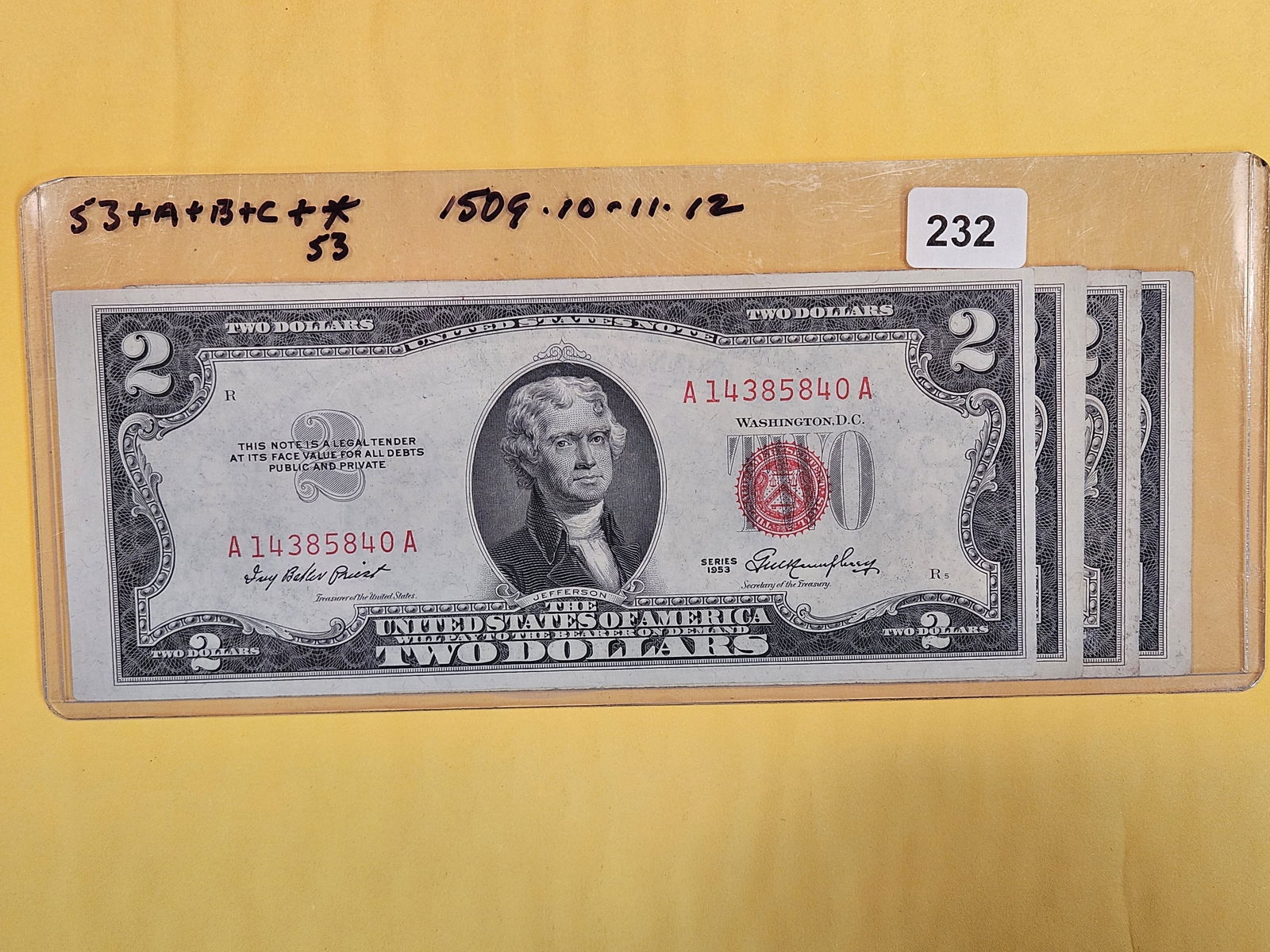 Five 1953 US Two Dollar Red Seal Notes (1 of 2)