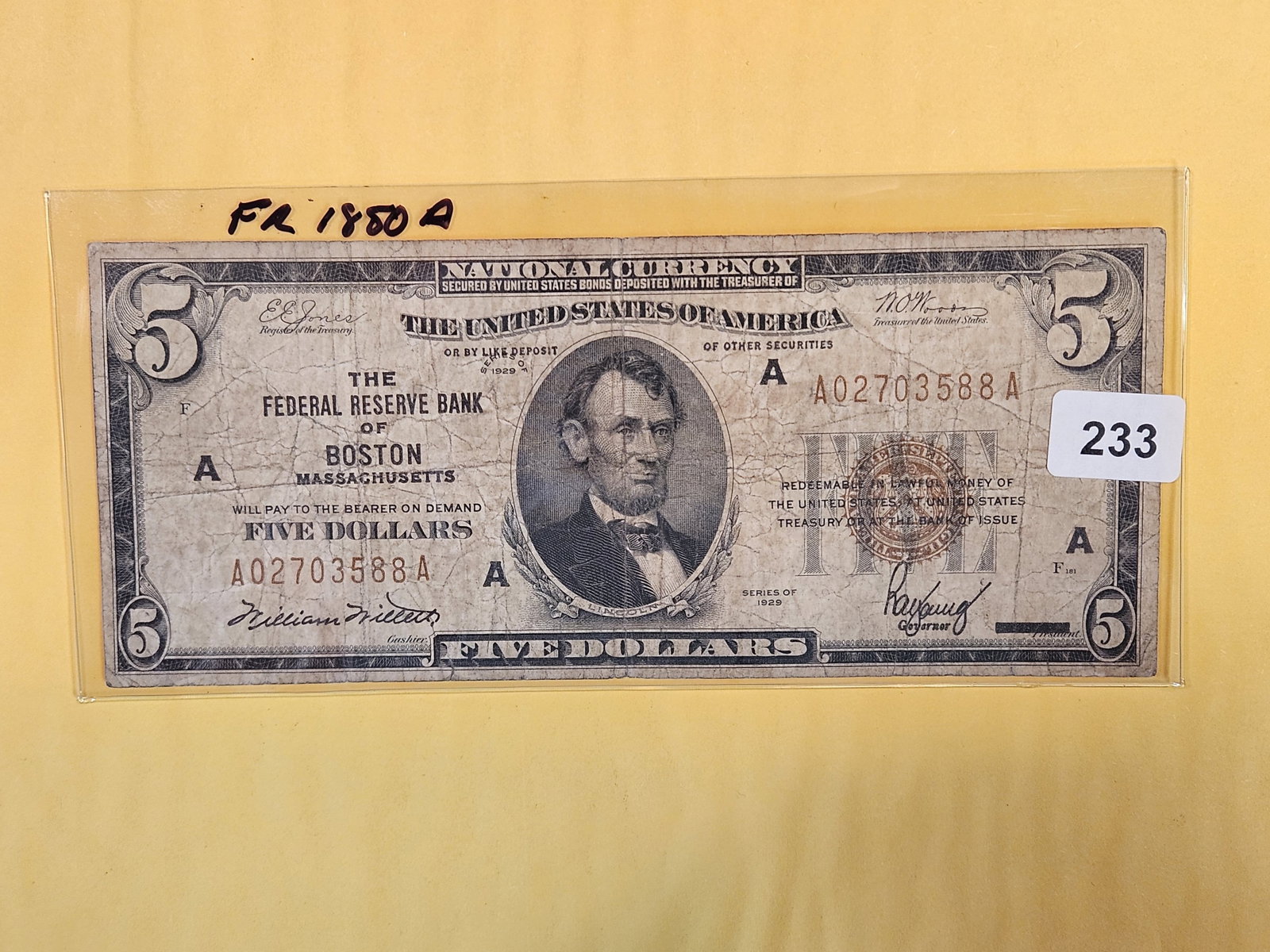 Series of 1929 Five Dollar National Currency: Fed Reserve Bank of Boston. FR 1850-A