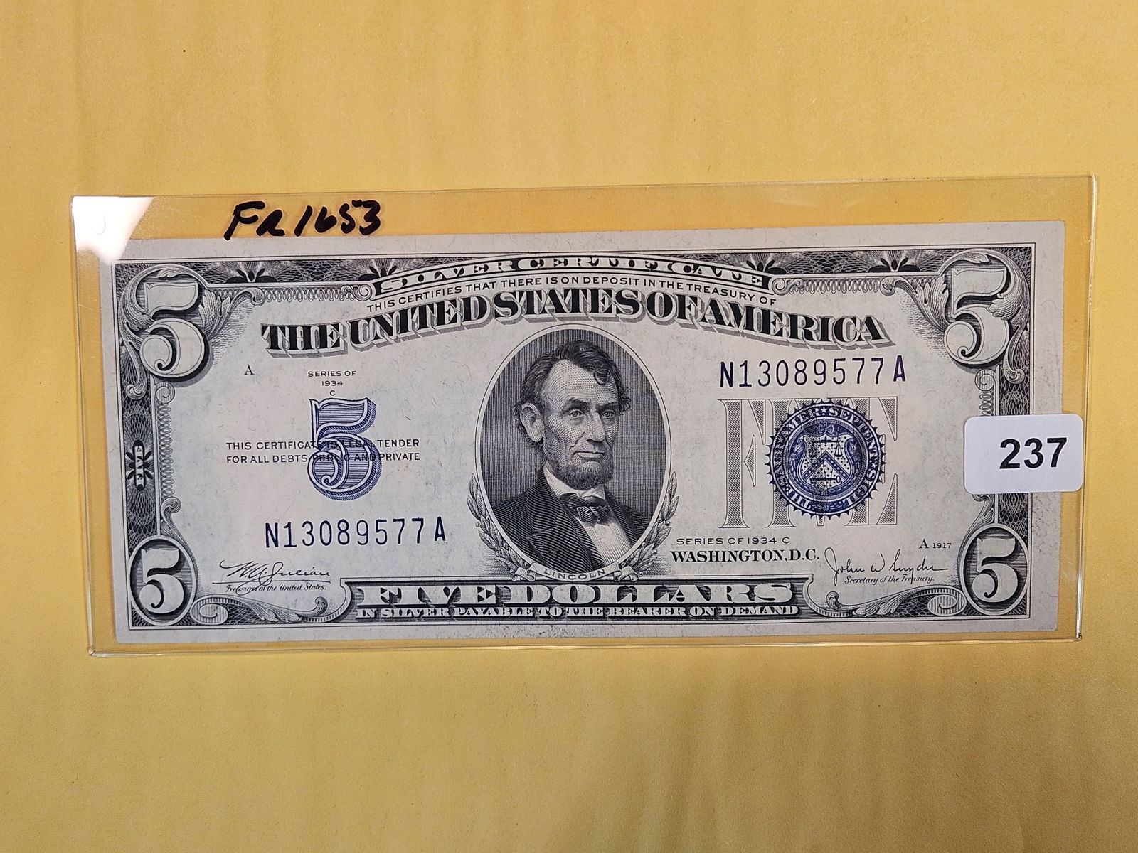 Crisp AU-UNC 1934-C Five Dollar Silver Certificate (1 of 2)