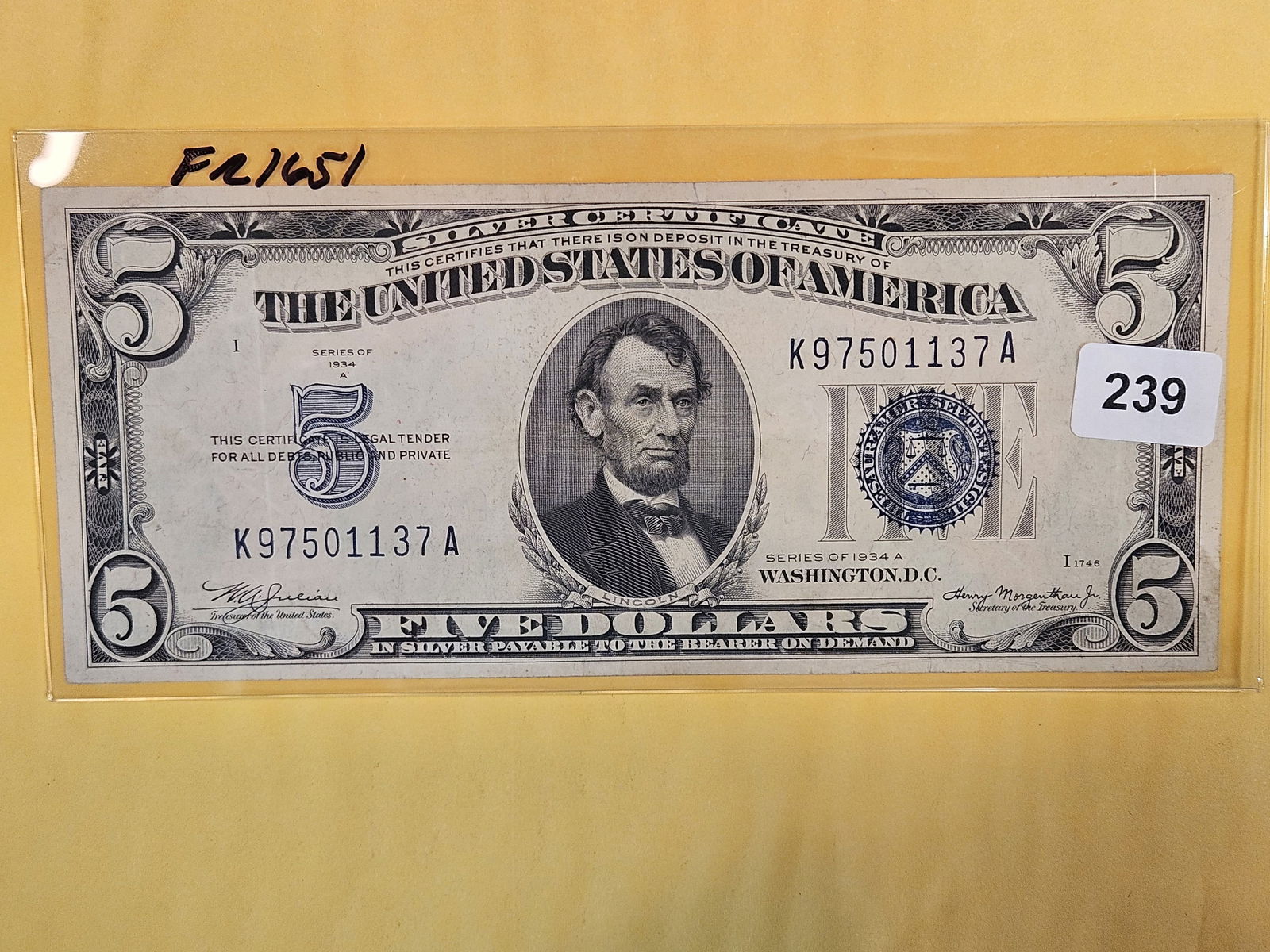 1934-A Five Dollar Silver Certificate in About Uncirculated (1 of 2)