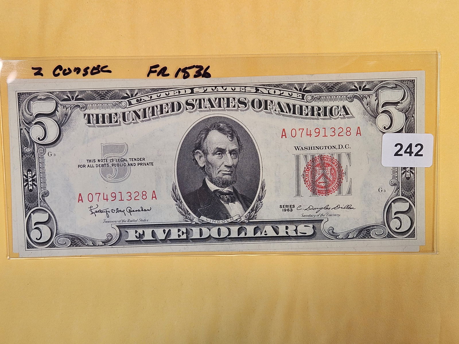 Two Consecutive Crisp Uncirculated 1963 Five Dollar Red Seal US notes (1 of 2)