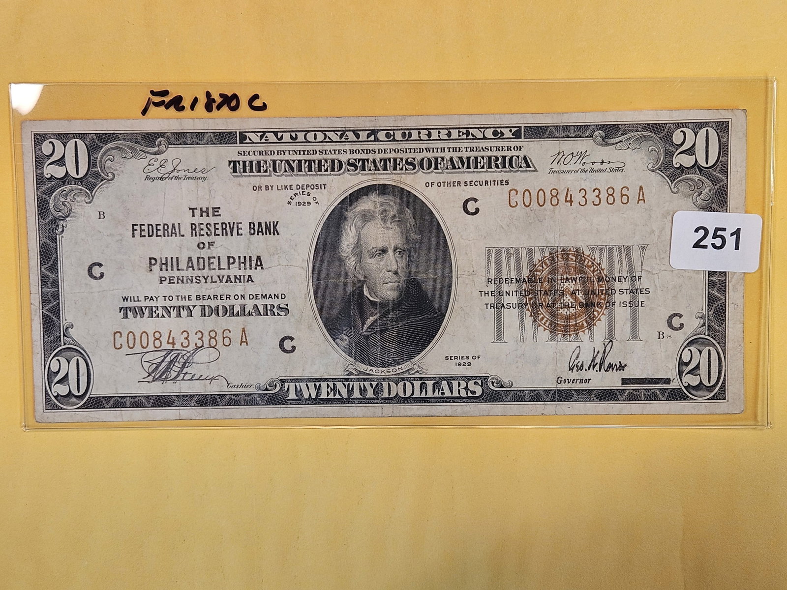 Series of 1929 Twenty Dollar National Currency in Fine: Philadelphia. FR 1870-C