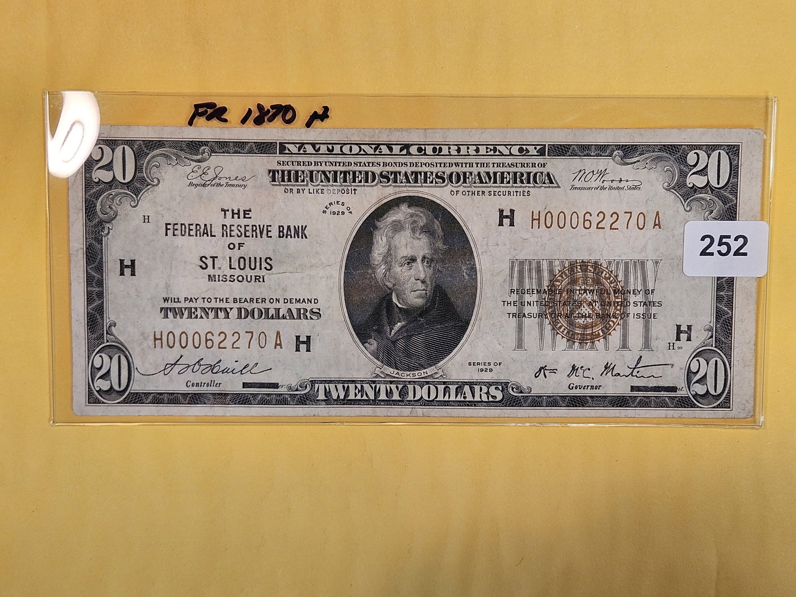 Series of 1929 Twenty Dollar National Currency in Very Fine: St. Louis. FR 1870-H