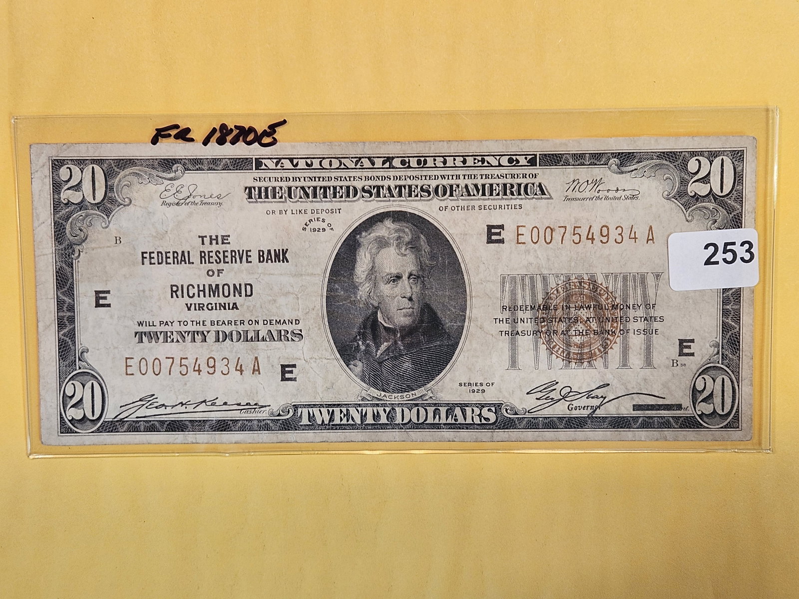 Series of 1929 Twenty Dollar National Currency in Very Good plus: FR 1870-E. Richmond