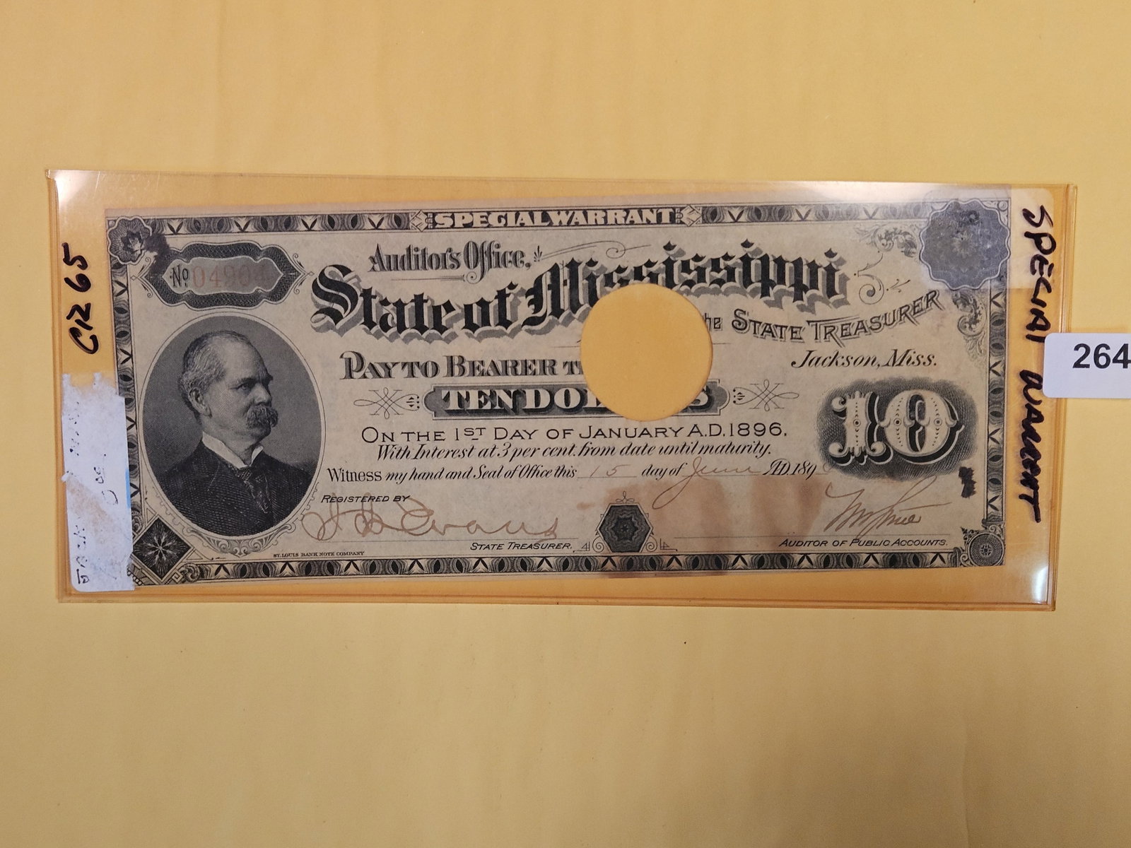 1896 State of Mississippi Ten Dollar Note: Special Warrant! CR 65