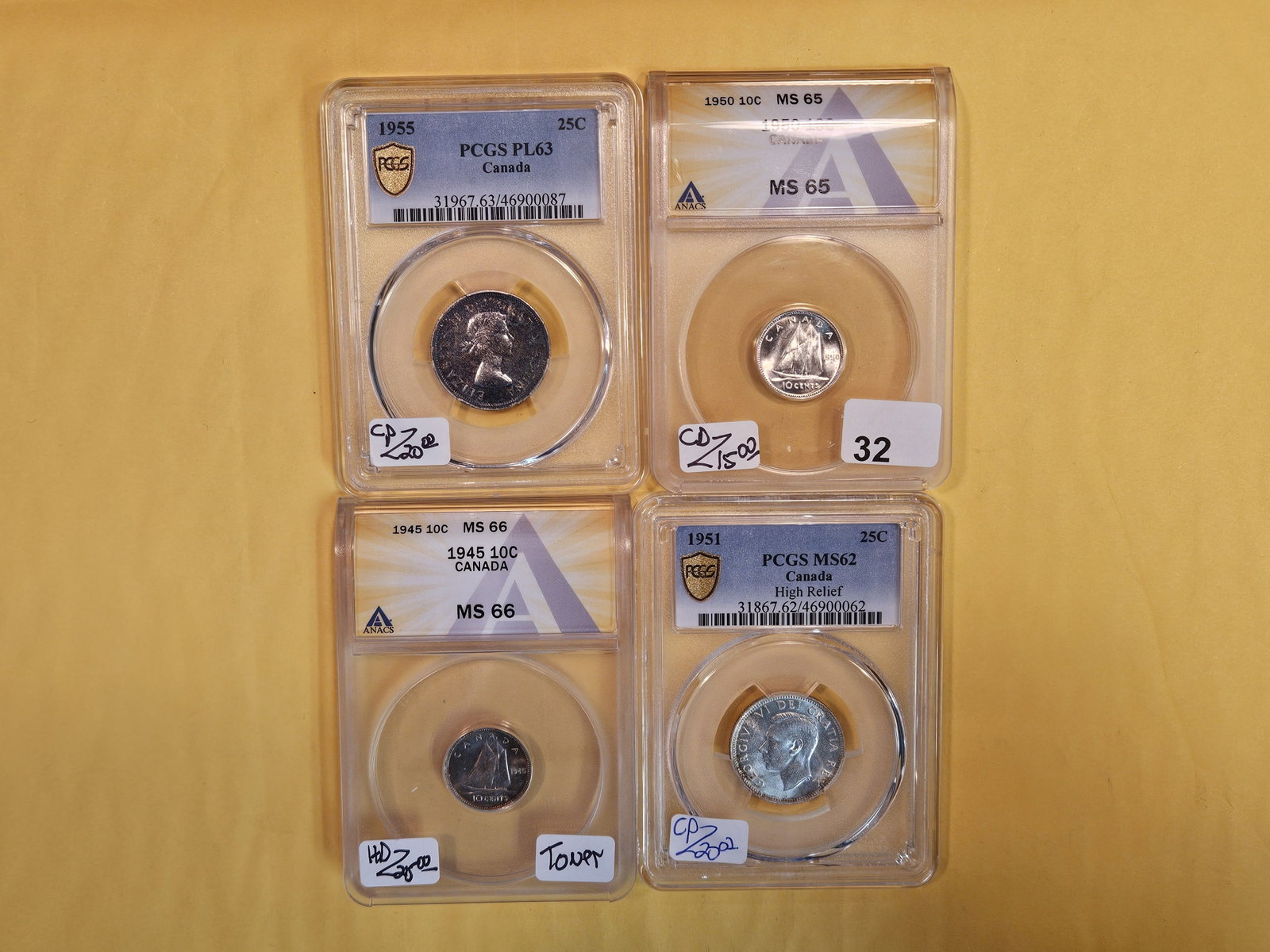 Four ANACS and PCGS-graded Canada 10 and 25 cents: Prooflike, MS-65, MS-66 and a High Relief!