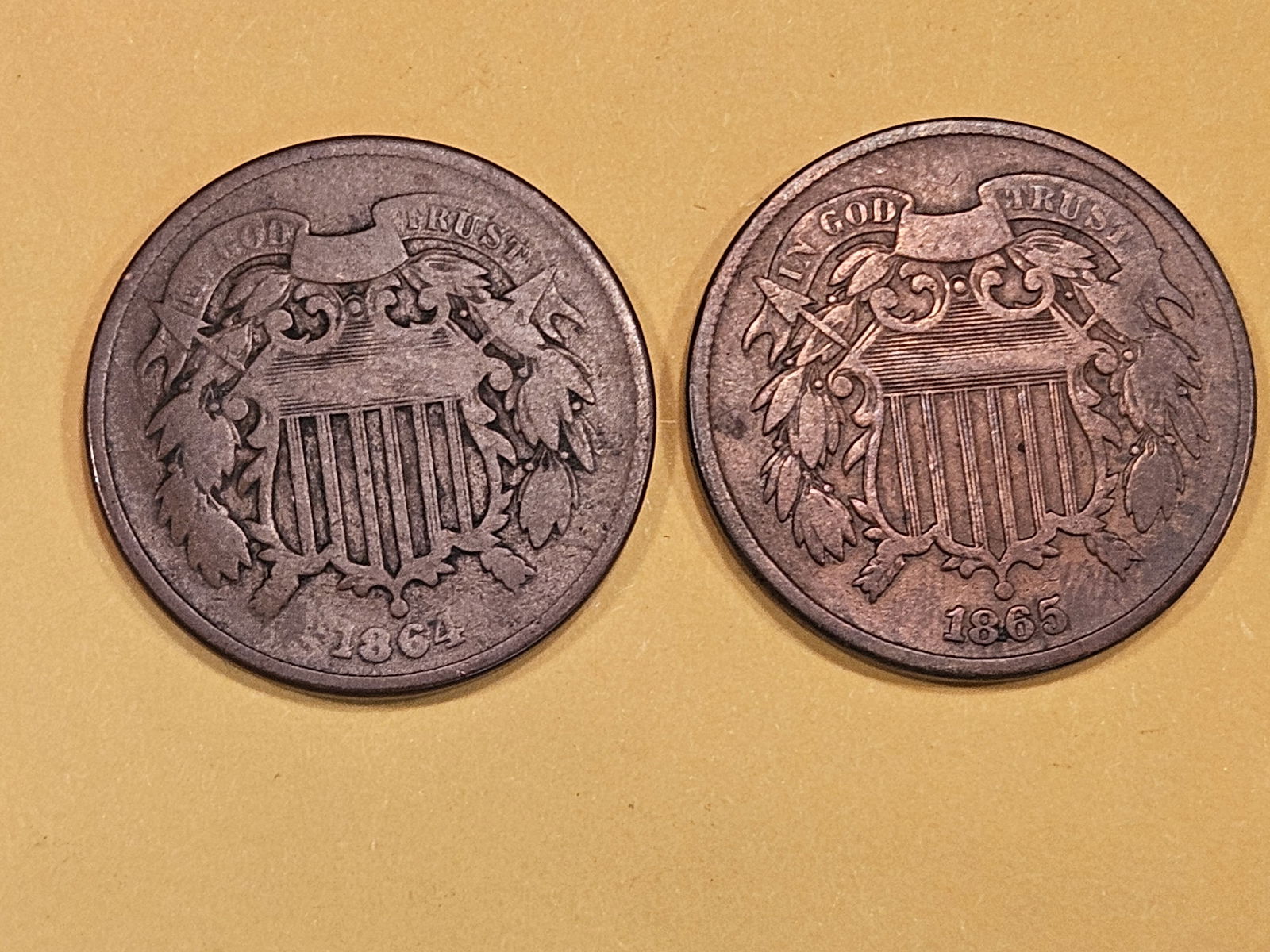 1864 and 1865 Two Cent pieces (1 of 3)