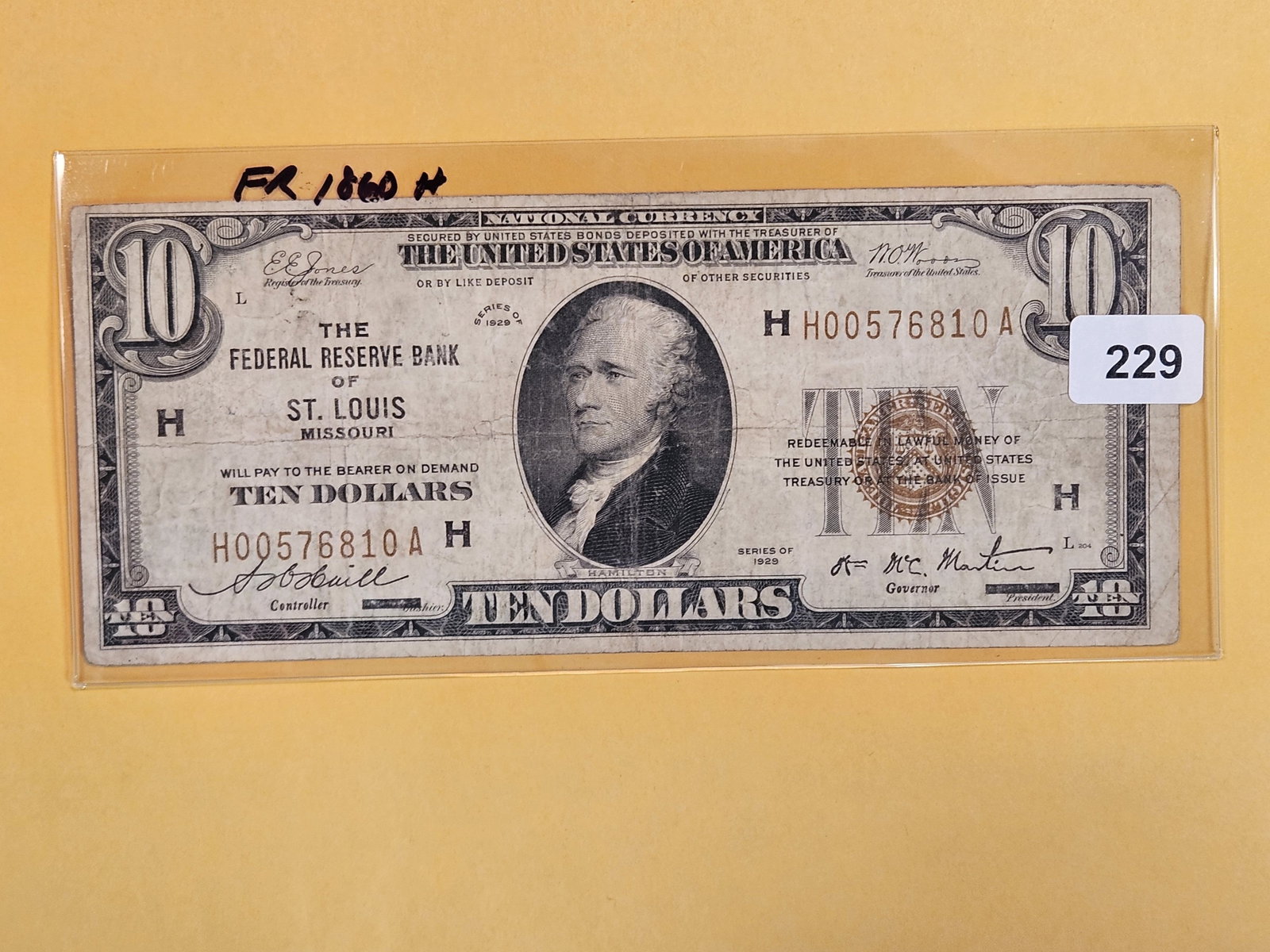 Series of 1929 Ten Dollar National Currency in Very Good plus: St Louis. FR 1860-H