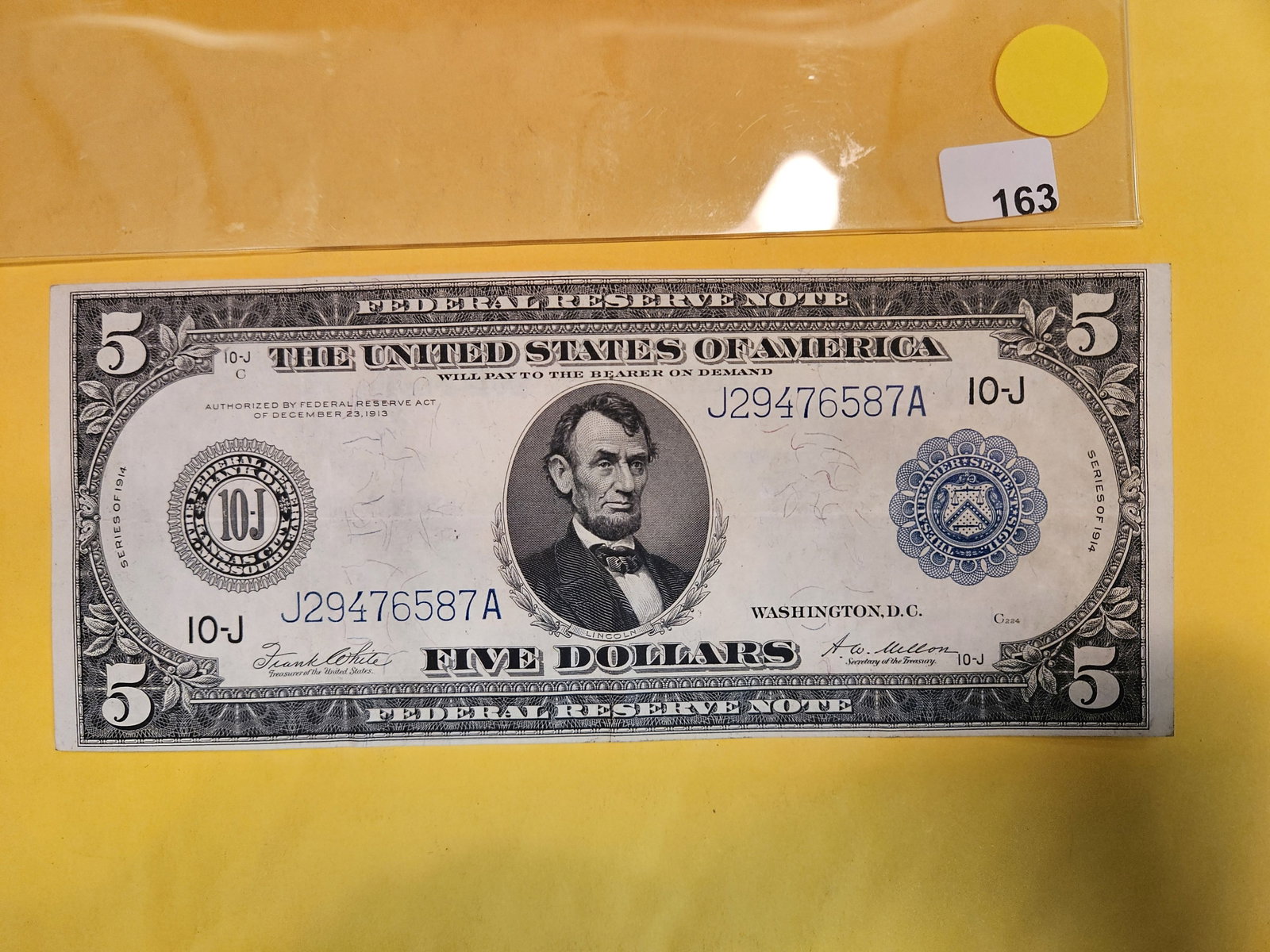 Series of 1914 Five Dollar Large Size FRN in XF + to AU: Kansas City