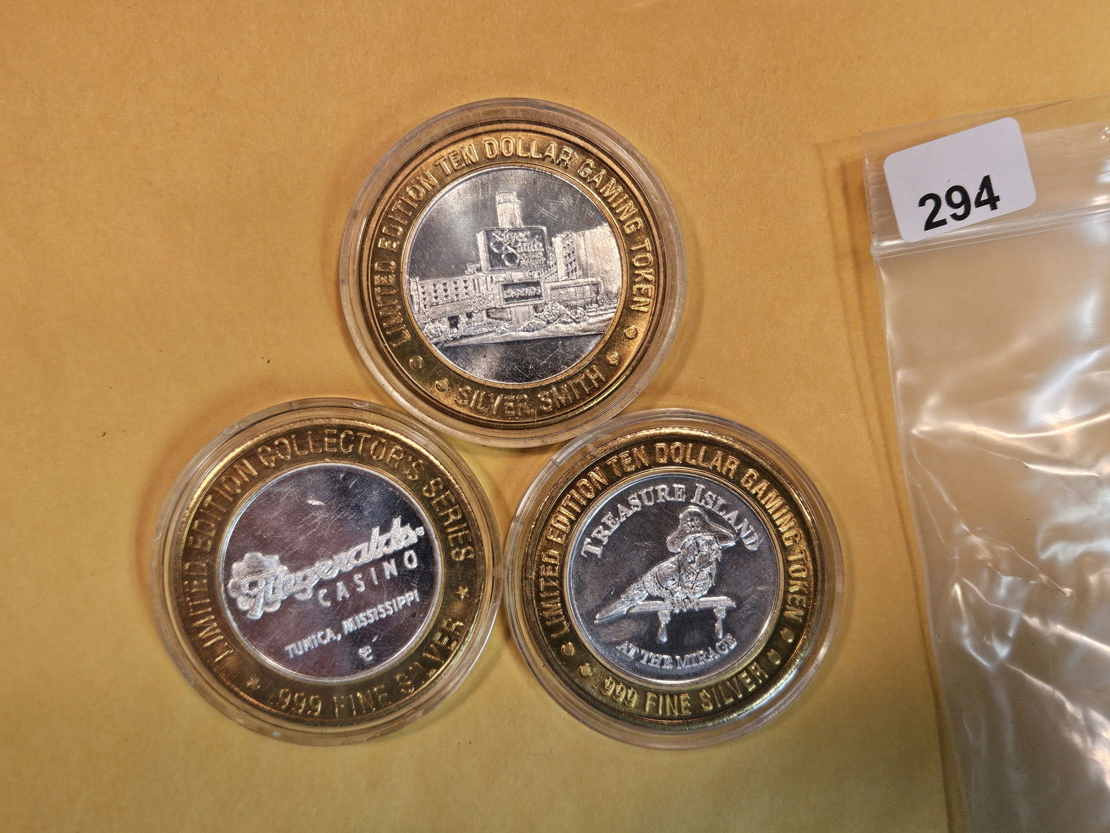 Three Ten Dollar .999 fine Silver Center Casino Gaming Tokens (1 of 2)