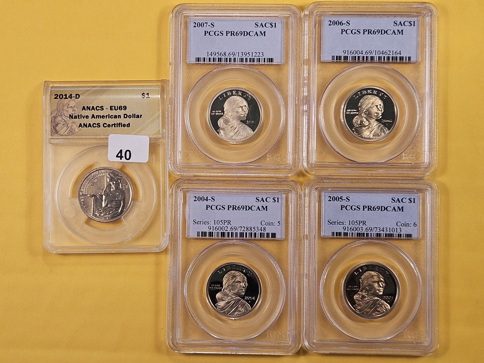 Four PCGS Proof 69 Deep Cameo and an ANACS Enhanced Uncirculated 69 Graded Sacagawea Dollars (1 of 5)