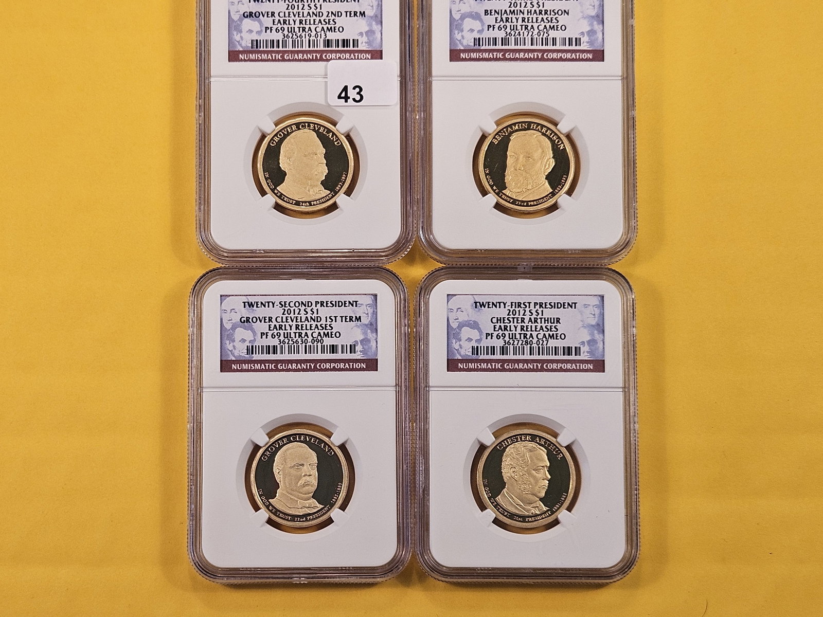 Four NGC 2012-S Presidential Dollars in Proof 69 Ultra Cameo: Grover Cleavland First Term, Benjamin Harrison, Chester Arthur and Grover Cleavland Second Term