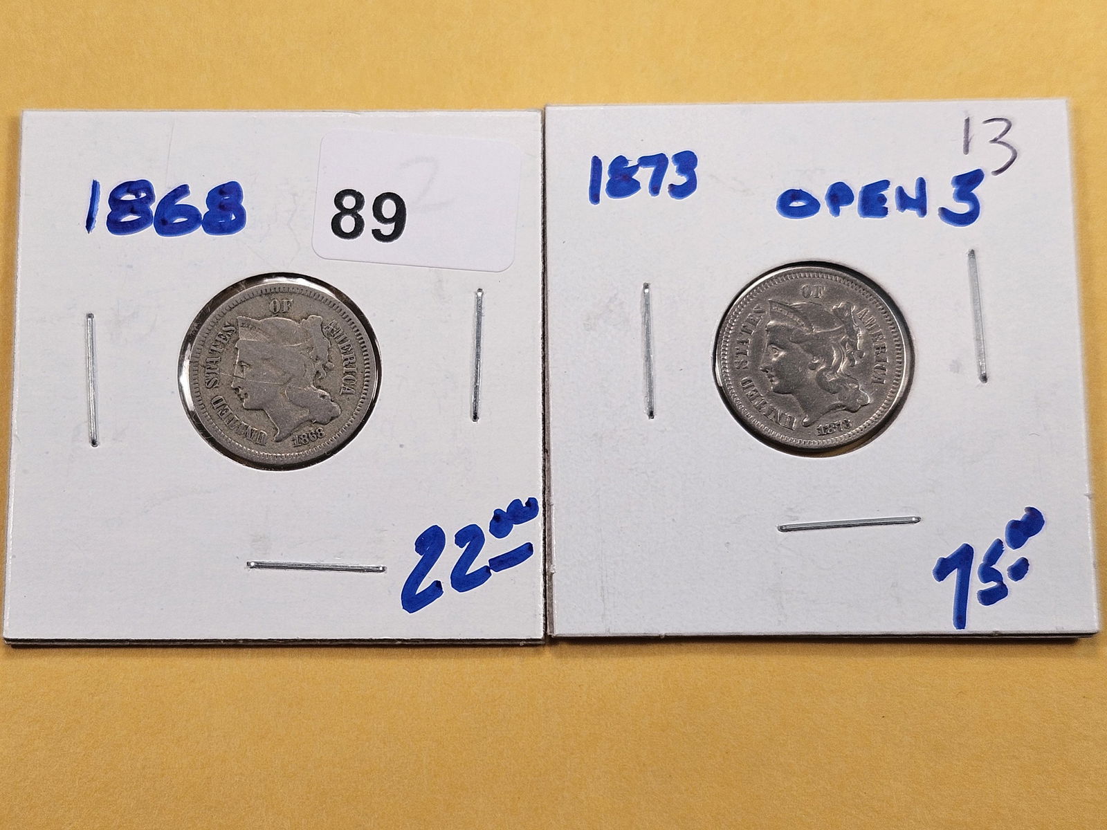 Two Circulated 3-Cent Nickels (1 of 6)