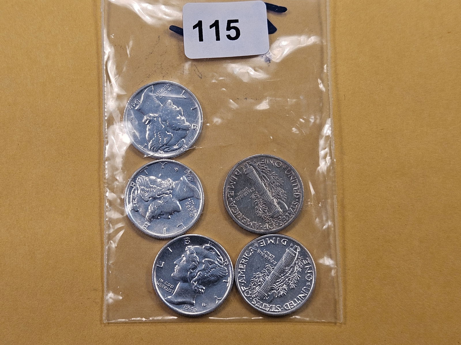 Five GEM BU Mercury Silver Dimes (1 of 2)