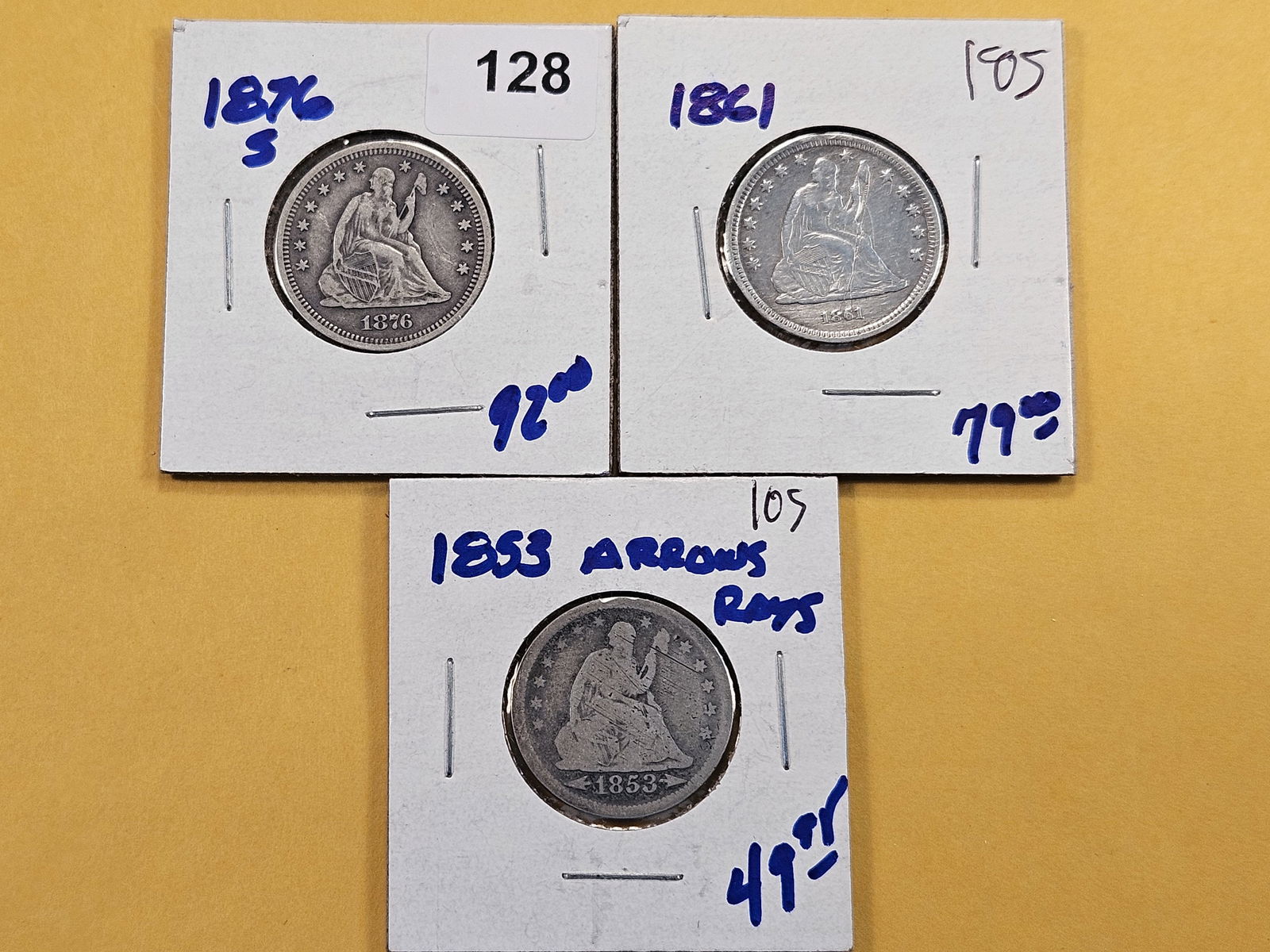 Three Circulated Seated Liberty Silver Quarters (1 of 8)