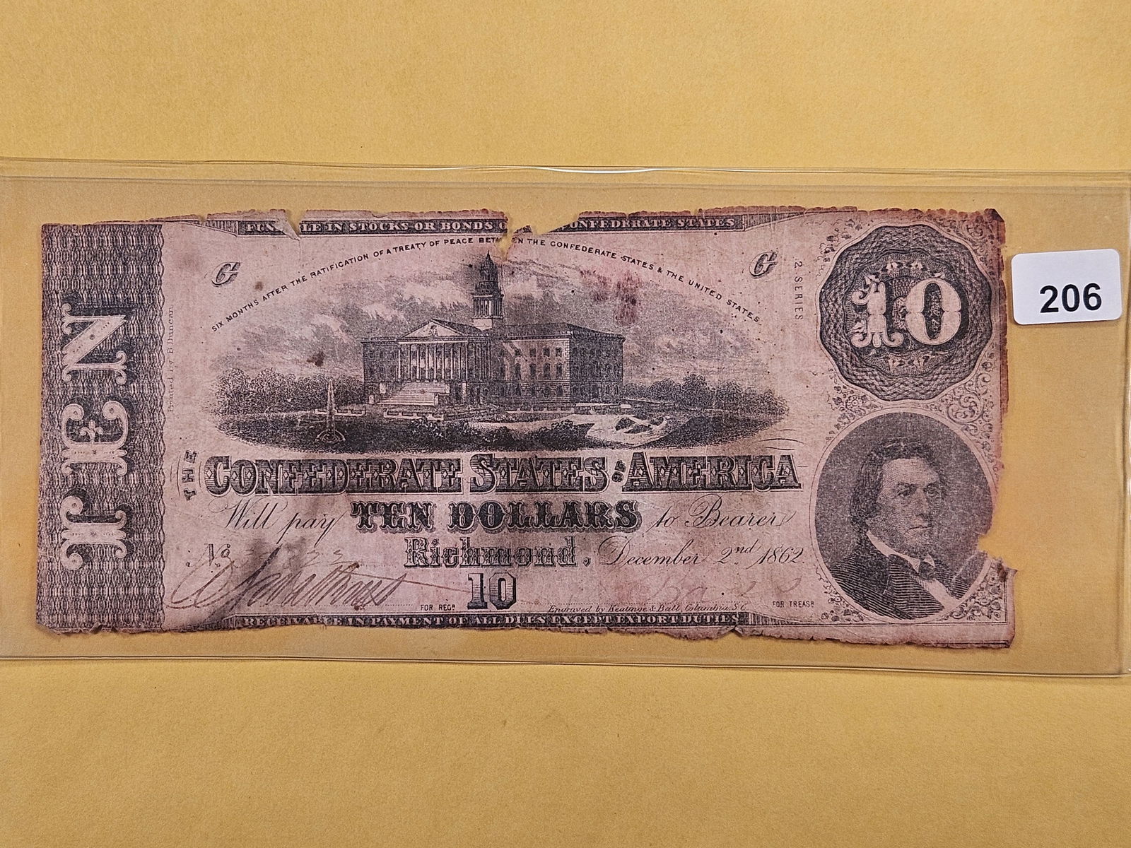 Series 1862 Ten Dollar Confederate States Note (1 of 2)