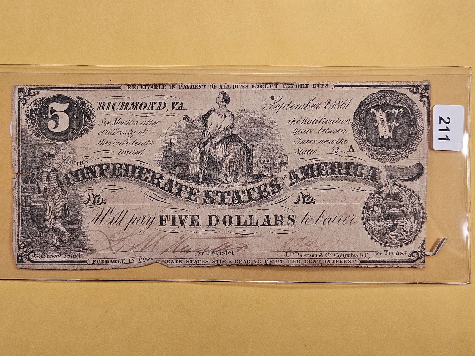 Series 1861 Five Dollar Confederate States Note (1 of 2)