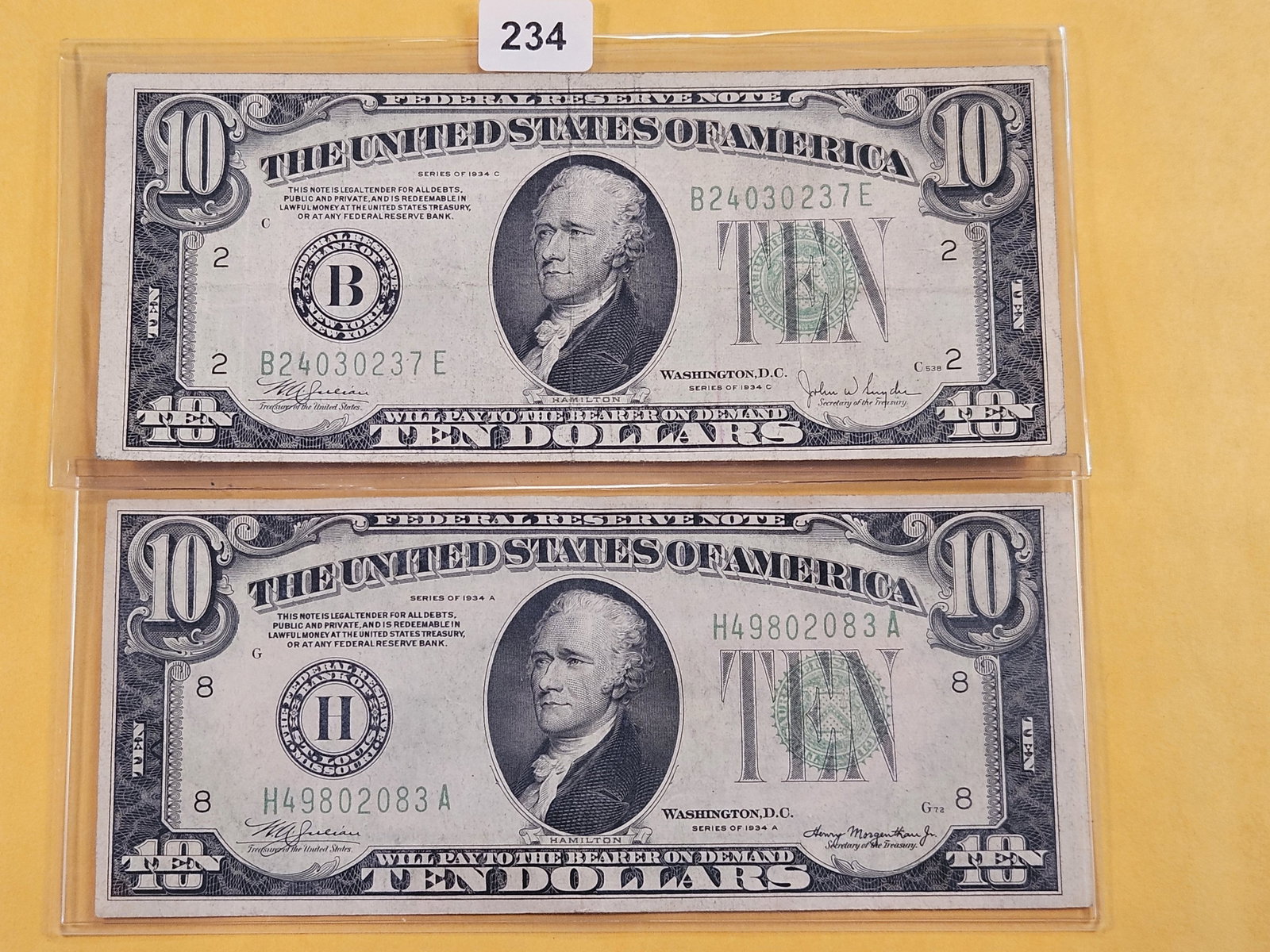 Two Ten Dollar Federal Reserve Notes: 1934-A and 1934-C