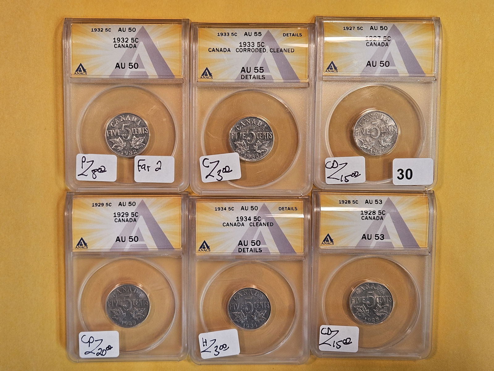 Six mixed ANACS-graded Canada five cent pieces (1 of 2)