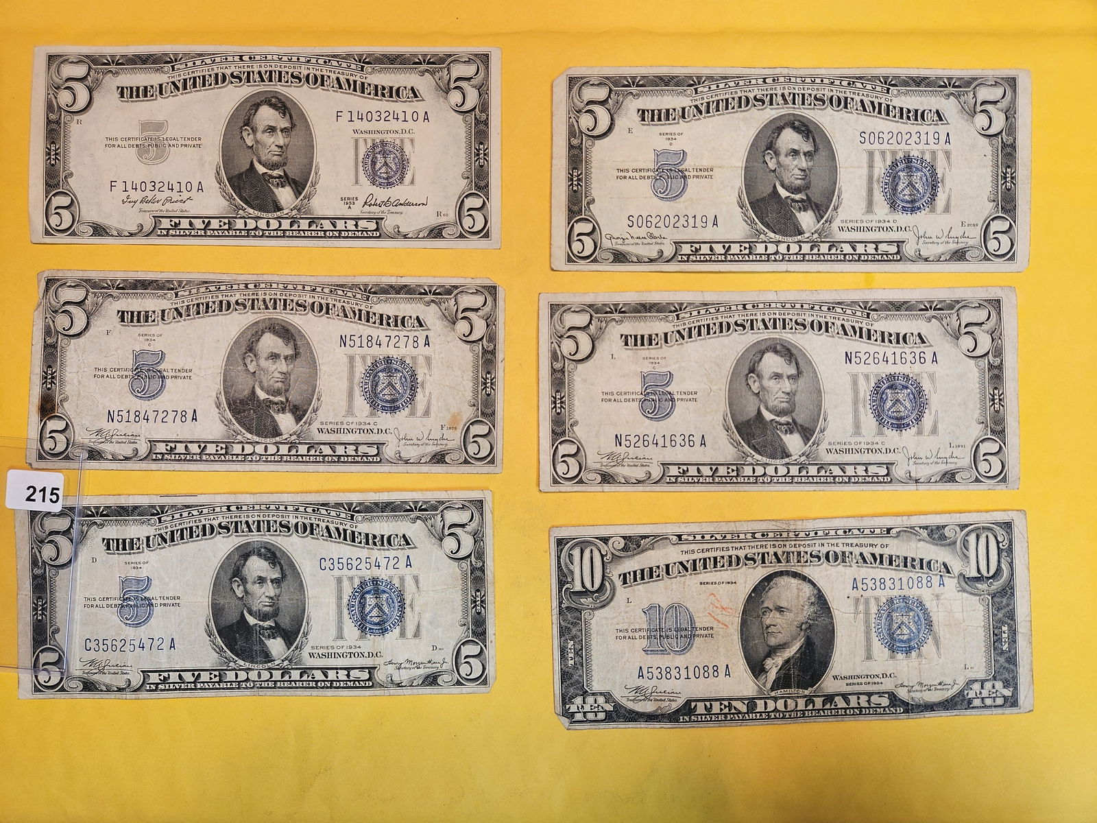 Six mixed Five and Ten dollar silver Certificates (1 of 2)